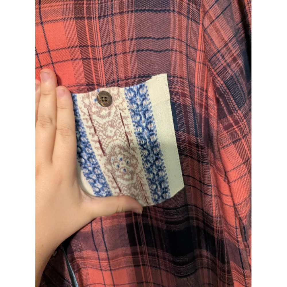 Womens John Mark Mixed Media Plaid Floral Embroidered Button Down Top Red Med - Picture 10 of 15